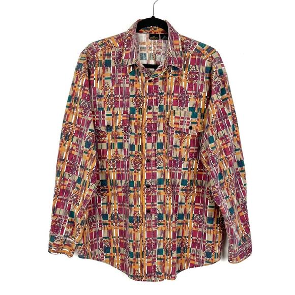 Vintage Mens Long Sleeve Button Down Aztec Print Shirt Large - Picture 1 of 7